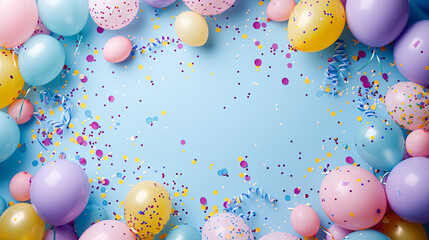 Graphic banner with copyspace - birthday party balloons. Pastel colors and confetti