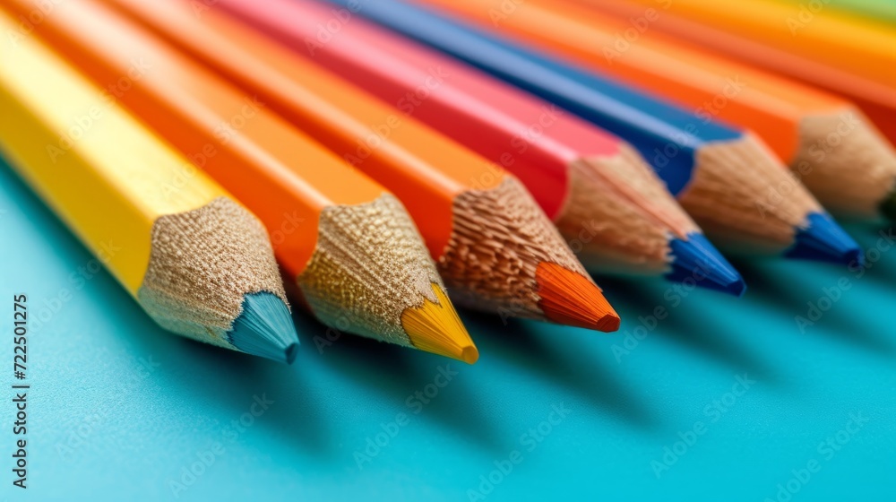 Poster colored pencils lie in a row on a bright minimalistic background