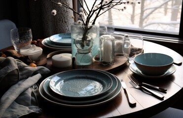  a table set for a meal with a vase of flowers in the middle of the table and plates and utensils on the table.