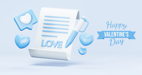 Valentine's Day interior, balloons. Stand, podium, blue background with product display and Heart. Love greeting card, poster with blue gift boxes, presents - 3d rendering