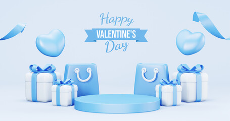 Valentine's Day interior, balloons. Stand, podium, blue background with product display and Heart. Love greeting card, poster with blue gift boxes, presents - 3d rendering