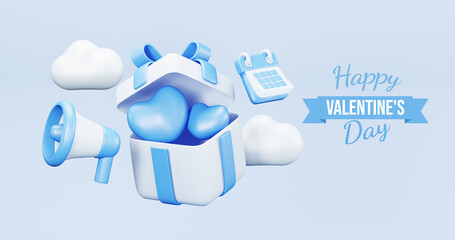 Valentine's Day interior, balloons. Stand, podium, blue background with product display and Heart. Love greeting card, poster with blue gift boxes, presents - 3d rendering