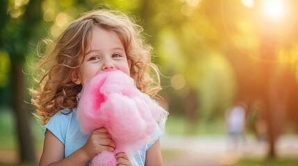 Happy children eating cotton candy in amusement summer park wallpaper background