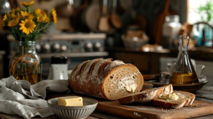  a loaf of bread sitting on top of a cutting board next to a bowl of butter and a vase of sunflowers.