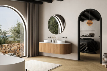 Beige bathroom interior with double sink and mirror, carpet on hardwood floor, bathtub, plants....