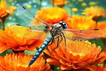 Dragonfly sitting on a marigold flower