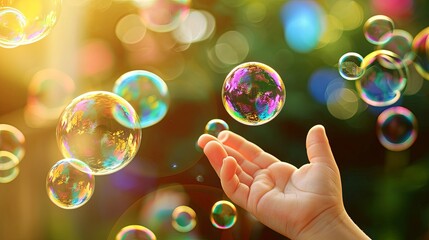 Happy children play with soap bubble in amusement summer park wallpaper background - obrazy, fototapety, plakaty