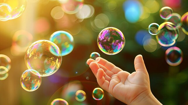 Happy children play with soap bubble in amusement summer park wallpaper background