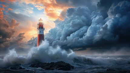  a lighthouse in the middle of a large body of water with a lot of clouds in the sky above it.