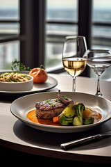 Elegant dining setting with steak and vegetables, paired with wine.