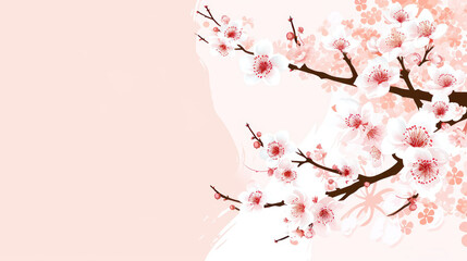  a branch of a blossoming cherry tree with pink and white flowers on a light pink background with a place for text.