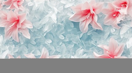  a bunch of pink flowers on a blue and white background with white and pink flowers on the left side of the picture.