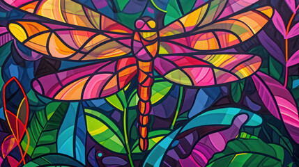 Fototapeta na wymiar a painting of a dragonfly sitting on top of a green leafy plant in a multicolored background.