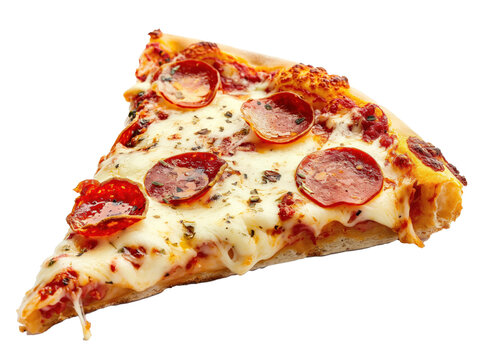 Um peda&ccedil;o de pizza com muito queijo e pepperoni em fundo transparente