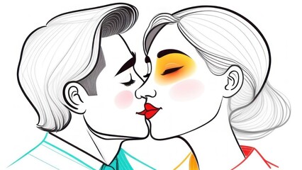 Pop Art couple kissing. Hollywood movies scene of true feelings between young people at first date. . High quality photo