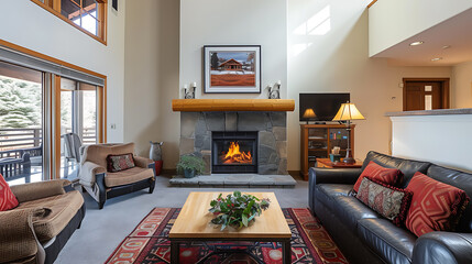 Cozy up by the crackling fireplace in this inviting living room, adorned with plush seating and ample space to relax.