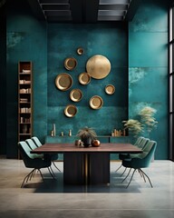  a dining room with a large wooden table surrounded by blue chairs and gold plates on the wall of the room.