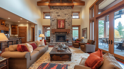 Experience cozy elegance in this roomy living space with a charming fireplace and plush seating, perfect for relaxation.
