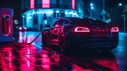 Fototapeta na wymiar Electric car charging at night under neon light
