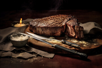 Juicy grilled steak on a cutting board with knife and fork