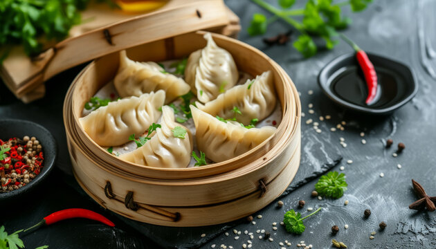 Khinkali with pork and beef. Delicious pilmeni dish prepared for the menu.
