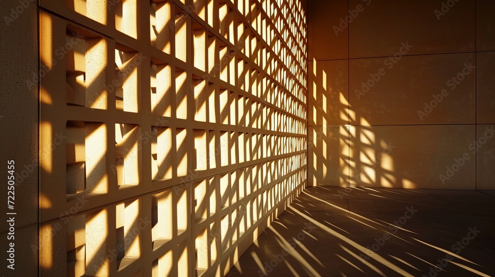 Poster A symmetrical building with amber lighting casts shadows on a wall adorned with numerous squares, creating a mesmerizing play of light and shadow