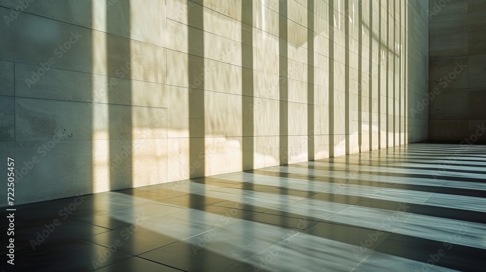 Fototapete A striking display of symmetrical lines and shadows, the composite material wall creates a captivating contrast against the parallel beams of light on the indoor floor