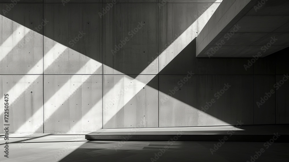 Poster A monochromatic building's symmetrical shadows cast parallel lines upon a composite material wall, creating an abstract and captivating display of light