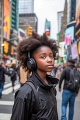 a young african girl with afro hair and wireless headphones listening to music is crossing a street