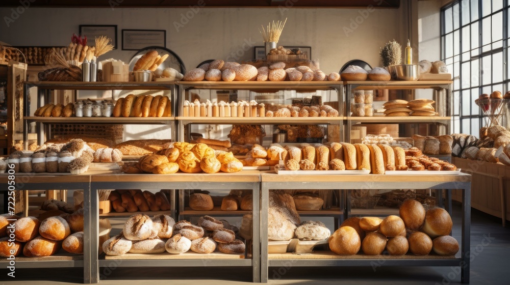Poster breads and breads on shelves in a bakery. generative ai.
