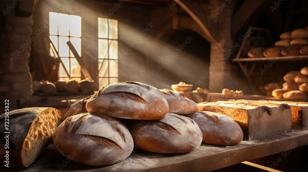 Poster breads on a table in a bakery. generative ai.
