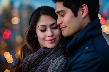 Fototapeta premium A couple's love blooms in the chilly winter air as they embrace, their faces radiating pure joy and affection