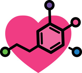 A heart and a chemical molecule. Logo or icon. Health, medicine. Pink, purple, blue, green and black colors. Vector illustration.