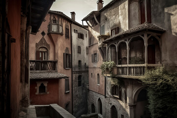 Fototapeta na wymiar A picturesque view of old, rustic buildings with balconies and windows, adorned with plants, under a soft light, ai generative