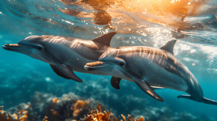 Marine Harmony: Dolphins Swimming on the Ocean Floor