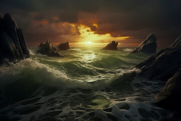 a dramatic ocean scene at sunset, with waves crashing against jagged rocks under a colorful sky, ai generative