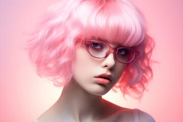 woman with pink hair and sunglasses, is set against a vibrant pink background, ai generative