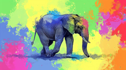  an elephant standing in front of a multicolored background with a splash of paint on it's face.
