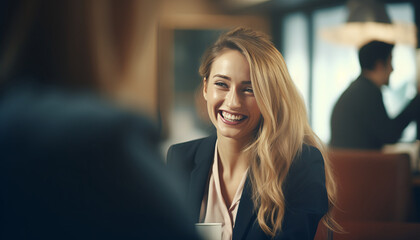 Obraz premium Smiling blonde businesswoman sitting at a table in the office and talking to visitor