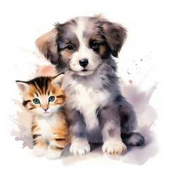 Watercolor-Style cute kitty and puppy with White Background