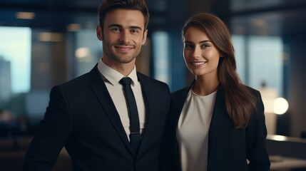 Man and woman partners business team on office background