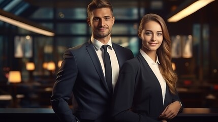 Man and woman partners business team on office background
