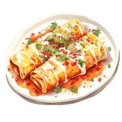 Watercolor-Style Delicious Plate Enchiladas with White Background