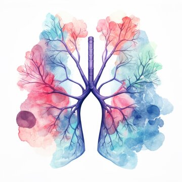 Watercolor-Style cute human lungs with White Background