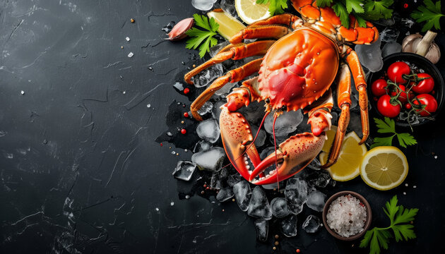 Grilled lobster with vegetables. A dish of crayfish on a dark background.