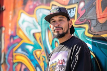Obraz premium A mysterious man in a black hat stands proudly in front of a colorful street mural, his bearded face and fashion accessory drawing attention as he smiles at the world with an air of artistic rebellio