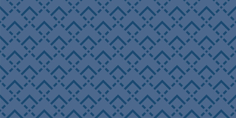 Vector geometric seamless pattern. Abstract graphic background with squares, lines, arrows, grid. Simple geo texture. Dark blue color. Ethnic style ornament. Repeated retro geo design for decor, print