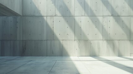 A minimalist room filled with natural light casts shadows on the composite material wall, creating a striking contrast of lines and shades of grey
