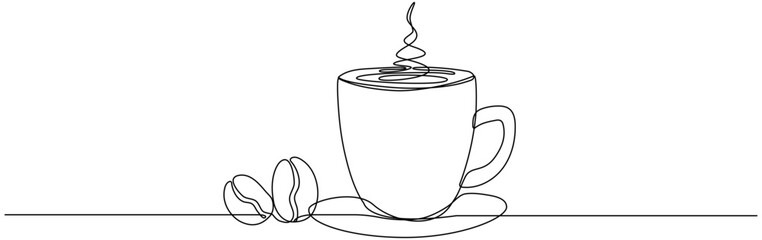 Cup with coffee beans continuous line drawing. Vector illustration isolated on white.
