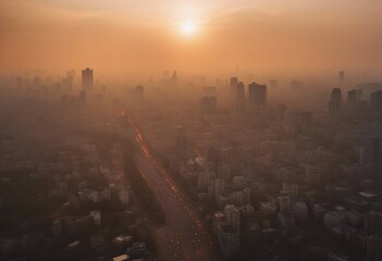 Air pollution Smog and fine dust of pm2 5 covered city in the morning with orange sunrise sky Citysc